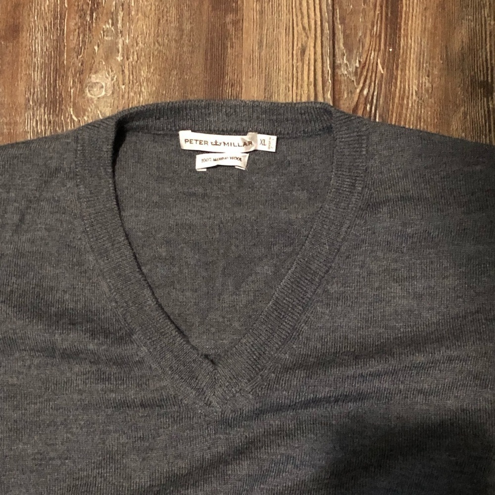 Peter Millar Sweater Men’s XL Merino Wool Gray V Neck Pullover Ribbed Preppy - Picture 4 of 8